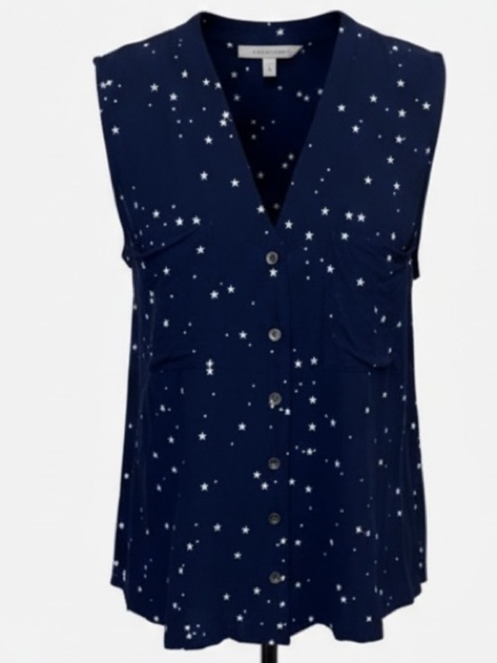 Rock & Republic Navy Blue White Star Print Sleeveless Button Up Top M Patriotic